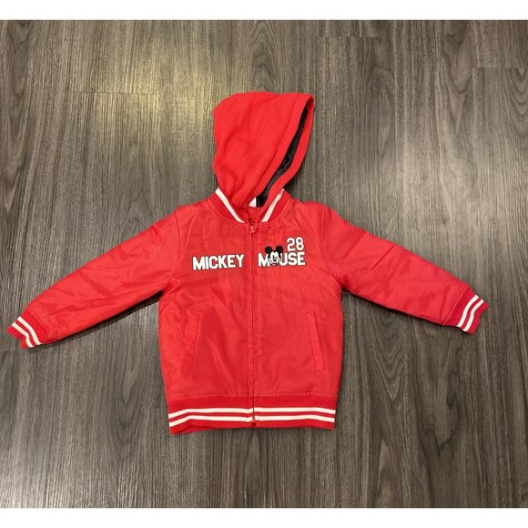 Disney Vintage Mickey Mouse UNISEX Varsity Jacket Hood Red White StripesSz 3T